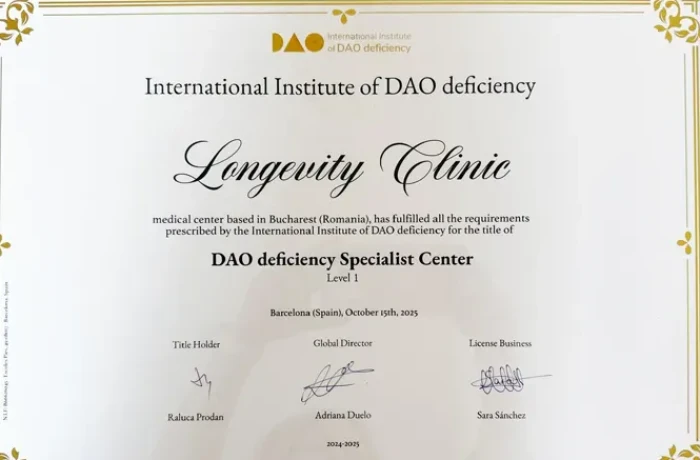 Premieră în România: Longevity Clinic primește acreditarea exclusivă de „DAO Deficiency Specialist Center” la nivel internațional