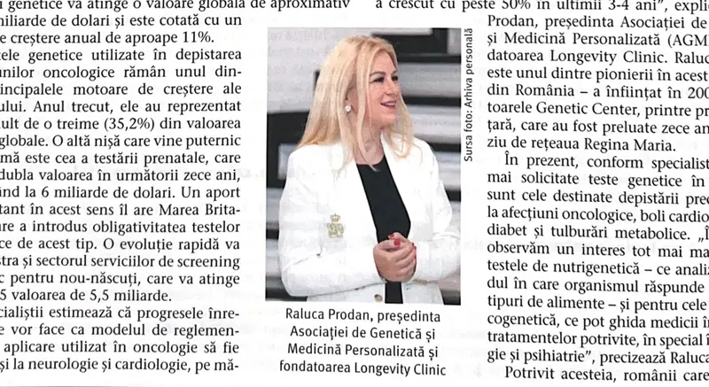 Investiția în codul genetic: Raluca Prodan analizează în revista Capital ascensiunea testării genetice și a medicinei personalizate în România